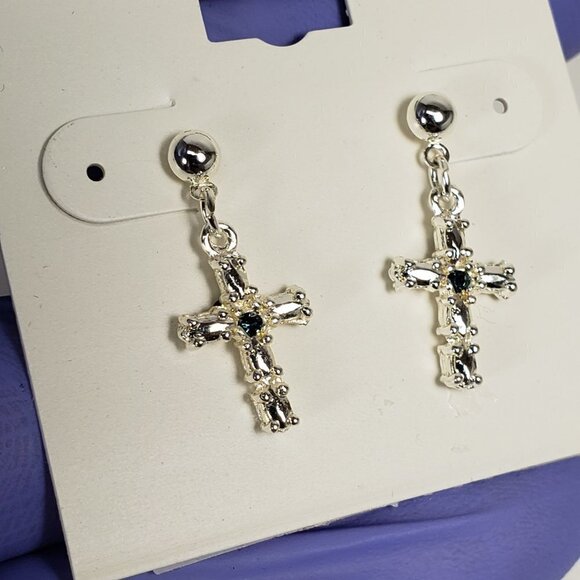 Silver Gothic Cross Earrings – Dark Stone Studs, Statement Christian Jewelry - Picture 8 of 8